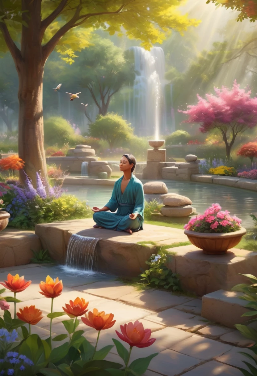 a person meditating in a peaceful garden, a serene environment, soft sunlight filtering through the trees, birds chirping in the background, colorful flowers blooming, a gentle breeze rustling the leaves, the sound of water trickling from a nearby fountain, the person's calm and relaxed expression, surrounded by a sense of tranquility and inner peace, mindfulness and self-care emphasized, a balance between mind and body, the person embracing the present moment, a feeling of contentment and fulfillment, vibrant colors to evoke positive emotions, a blend of realism and dream-like elements, capturing the essence of a healthy and fulfilling life. (best quality, highres), (serene, peaceful, tranquil) garden, (bright, vibrant) colors, (soft, gentle) sunlight, (harmonious, calming) atmosphere, (mindful, balanced, present) moment, (relaxed, calm) expression, (beneficial, soothing) meditation, (refreshing, rejuvenating) fountain, (flourishing, blooming) flowers, (rejuvenating, invigorating) breeze, (enchanting, melodious) birdsong.