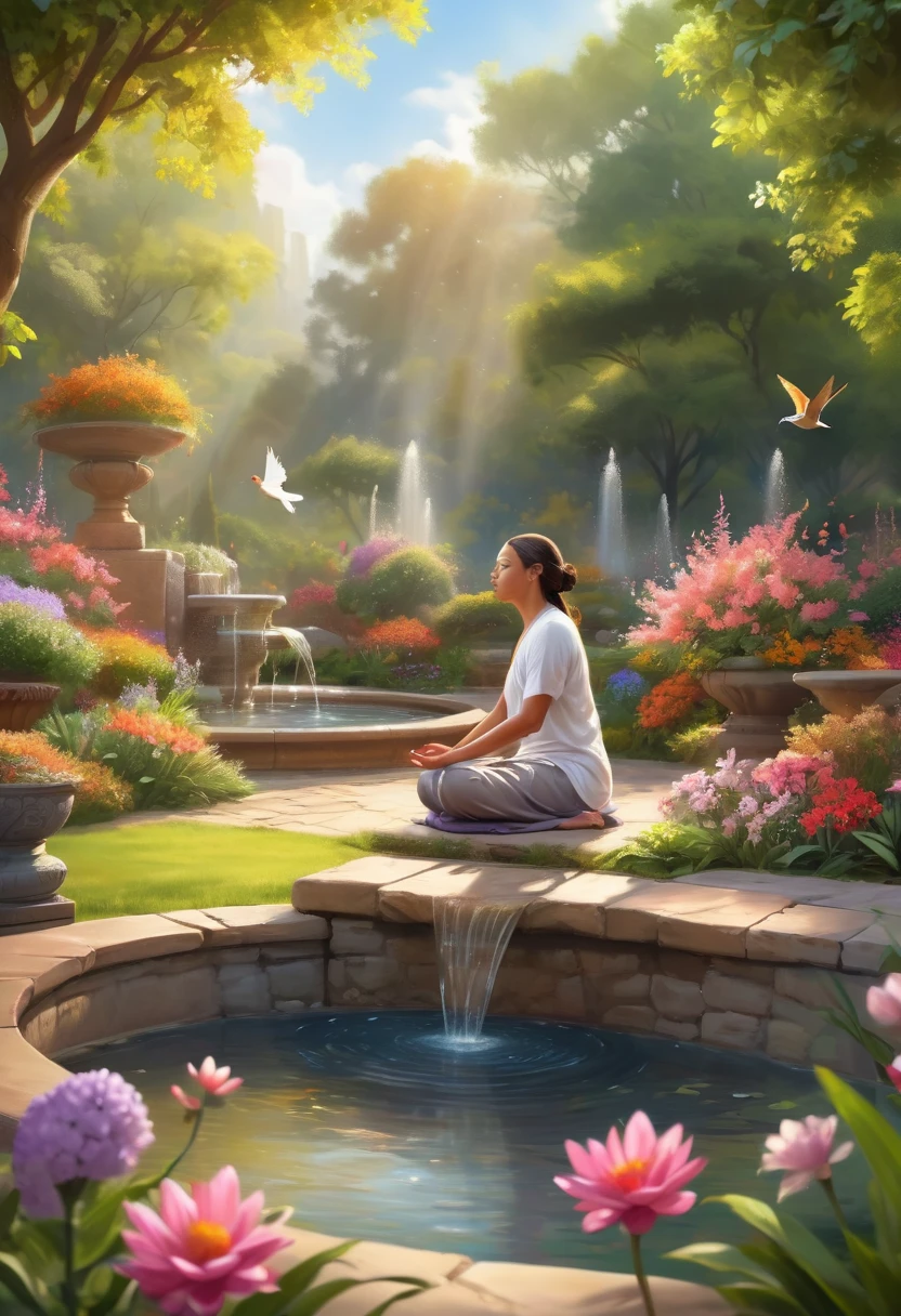 a person meditating in a peaceful garden, a serene environment, soft sunlight filtering through the trees, birds chirping in the background, colorful flowers blooming, a gentle breeze rustling the leaves, the sound of water trickling from a nearby fountain, the person's calm and relaxed expression, surrounded by a sense of tranquility and inner peace, mindfulness and self-care emphasized, a balance between mind and body, the person embracing the present moment, a feeling of contentment and fulfillment, vibrant colors to evoke positive emotions, a blend of realism and dream-like elements, capturing the essence of a healthy and fulfilling life. (best quality, highres), (serene, peaceful, tranquil) garden, (bright, vibrant) colors, (soft, gentle) sunlight, (harmonious, calming) atmosphere, (mindful, balanced, present) moment, (relaxed, calm) expression, (beneficial, soothing) meditation, (refreshing, rejuvenating) fountain, (flourishing, blooming) flowers, (rejuvenating, invigorating) breeze, (enchanting, melodious) birdsong.