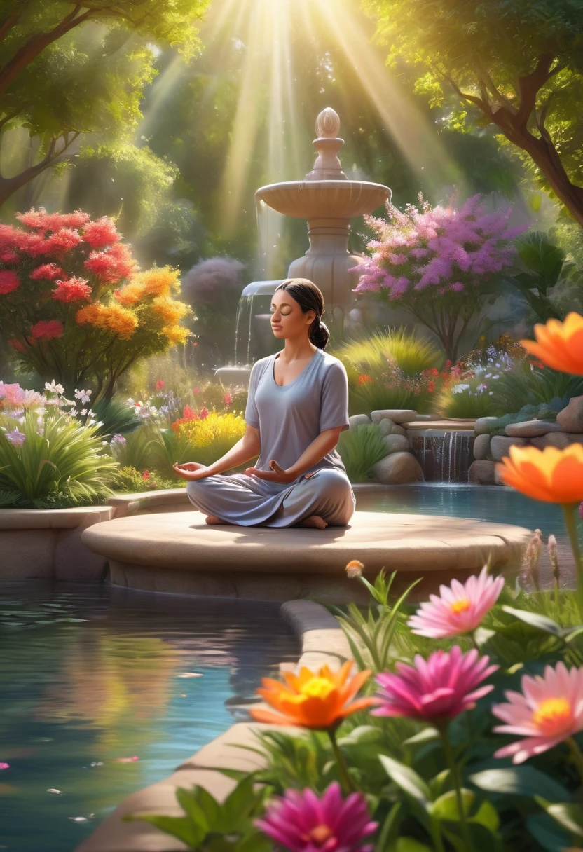 a person meditating in a peaceful garden, a serene environment, soft sunlight filtering through the trees, birds chirping in the background, colorful flowers blooming, a gentle breeze rustling the leaves, the sound of water trickling from a nearby fountain, the person's calm and relaxed expression, surrounded by a sense of tranquility and inner peace, mindfulness and self-care emphasized, a balance between mind and body, the person embracing the present moment, a feeling of contentment and fulfillment, vibrant colors to evoke positive emotions, a blend of realism and dream-like elements, capturing the essence of a healthy and fulfilling life. (best quality, highres), (serene, peaceful, tranquil) garden, (bright, vibrant) colors, (soft, gentle) sunlight, (harmonious, calming) atmosphere, (mindful, balanced, present) moment, (relaxed, calm) expression, (beneficial, soothing) meditation, (refreshing, rejuvenating) fountain, (flourishing, blooming) flowers, (rejuvenating, invigorating) breeze, (enchanting, melodious) birdsong.