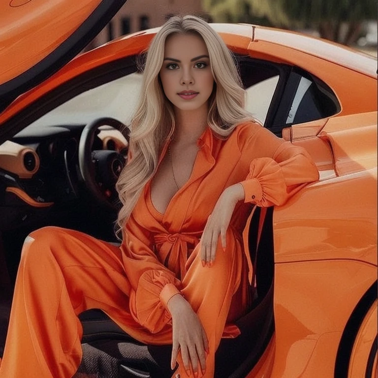 araffe in an จั้มสูทorange sitting in a car, wearing an จั้มสูทorange, จั้มสูทorange, Julia Rasumova's style, orangeสดใส, สวมชุดจั๊มพ์สูทเรือนจําorange, โทนorange, ชุดorange, Eva Max, orange, Anna Nikonova, also known as New Milky, ตัวorange, go ahead, โทนorange, Instagram model, นีออนorange, orange peel