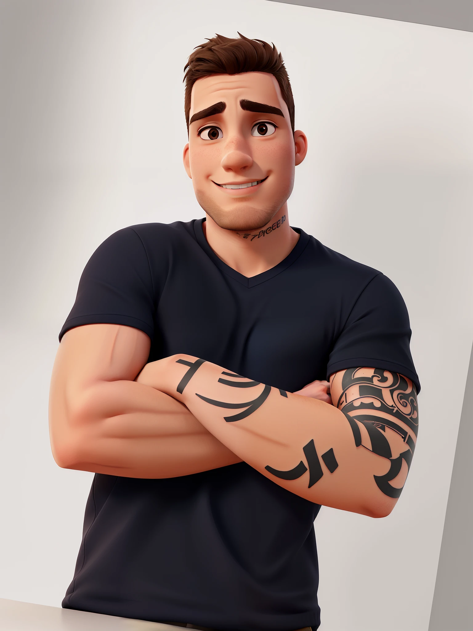 Young man, handsome, with short hair, tattoo on his left arm on a white background