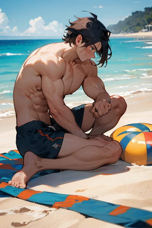 Hombre, muscular, cabello amarillo 💛, pello en el pecho, cicatrices, en la playa