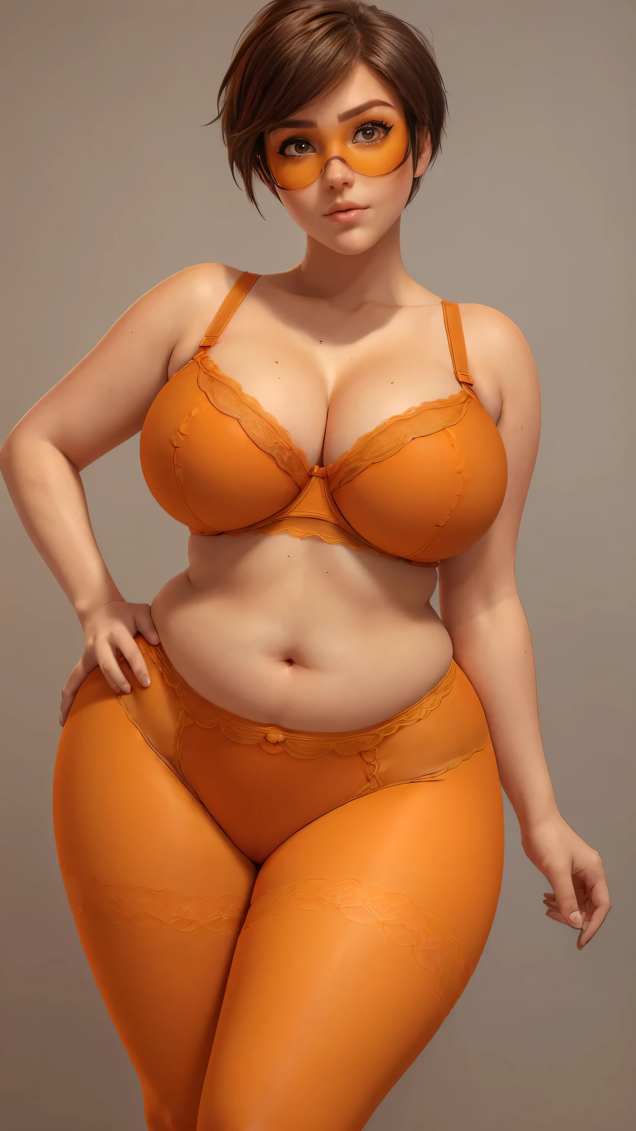 ((masterpiece)), ((photorealistic)), ((8k wallpaper)) , ((best quality)), ((perfect quality)), solo, (detailed eyes), (solo), girl, Tracer, short hair, brown hair, pose : ( shy pose, arm on belly), very beautiful, face : ( very beautiful face, (orange glasses), plump face, plump cheeks, round face, (perfect face), (makeup), big eyes, 20 years old, cute face, young ) , figure: ( very full body, (thicc), (very curvy), very soft, big breasts, (sexy curves), sexy, (a bit chubby), (a bit chubby belly), love handles, (wide waist), big deep navel, muffin top, thunder thighs) , clothes : (tight orange lingerie, tight orange tights)