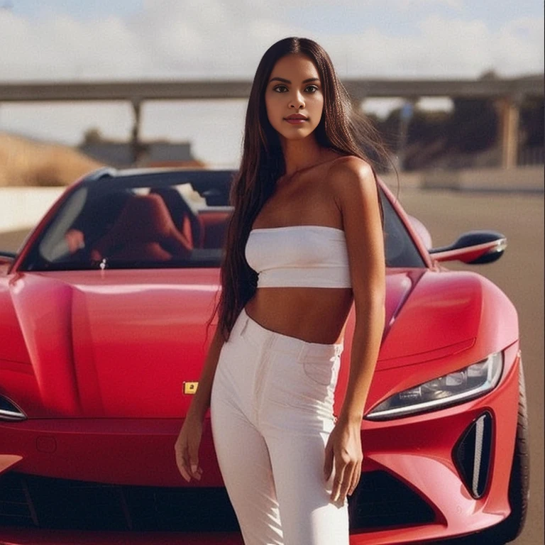 arafed woman in white pants standing next to a red sports car, Portrait of Sophie Mudd, sports car, Beautiful Poarch, Julia Sardinian, red car, convert, Lotus, Perfectly poised, Instagram model, sports car, Soft Devil Queen Madison Beer, top-down, Definitely a striking image., Top Soft, Pininfarina, Smooth in _ background, sports car