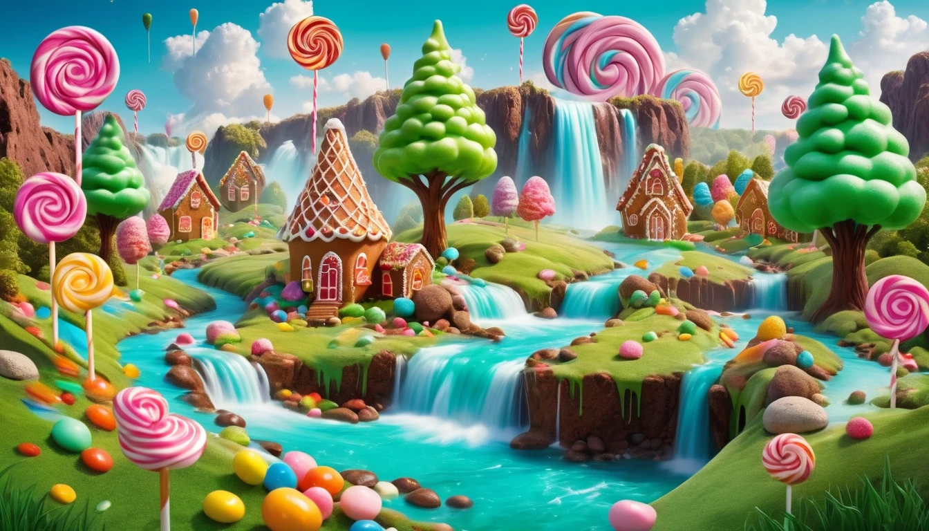 beautiful abstract view, candy land, landscape, beautiful fantasy land where trees are lollipops, grass made of green sugar sprinkles, rocks are gingerbread cake, and the river and waterfall are liquid chocolate, clouds are cotton candy, and there are candies lying all around