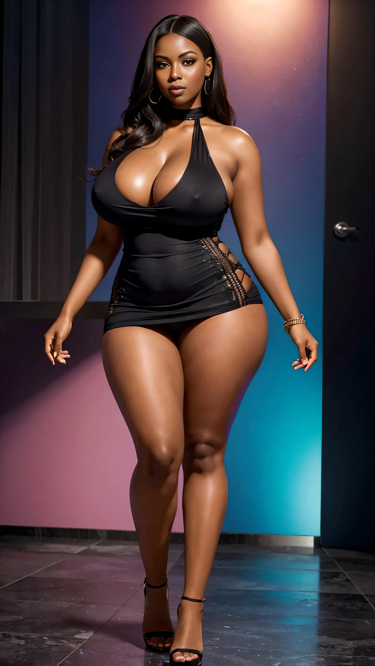 (best quality, ultra-detailed, realistic:1.37),portrait,voluptuous woman,tight dress, Random dress color, passionate look,large buttocks,vibrant colors,soft lighting, standing, full body view, extreme tall, long legs, very tall, tall, black skin, black skin, light