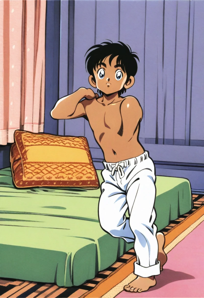 very cute 8-years-old indian kid boy with blue eyes, brown skin, shirtless, white formal pants, barefoot, indian traditional bedroom background, full body, Mitsuru Adachi style