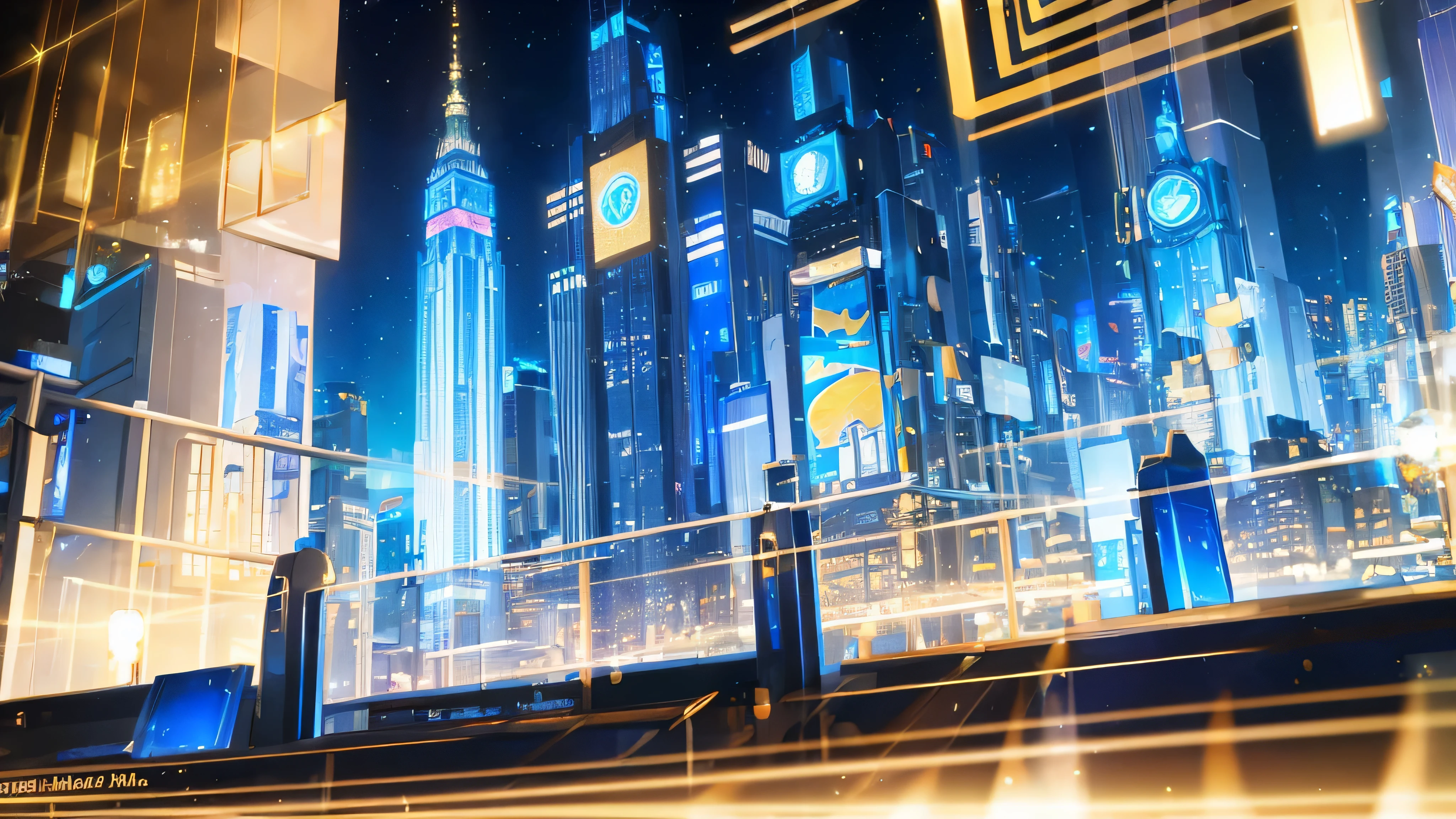 Blue and gold Abstract background and bokeh on New Year's Eve. Cityscape. Glowing lights.