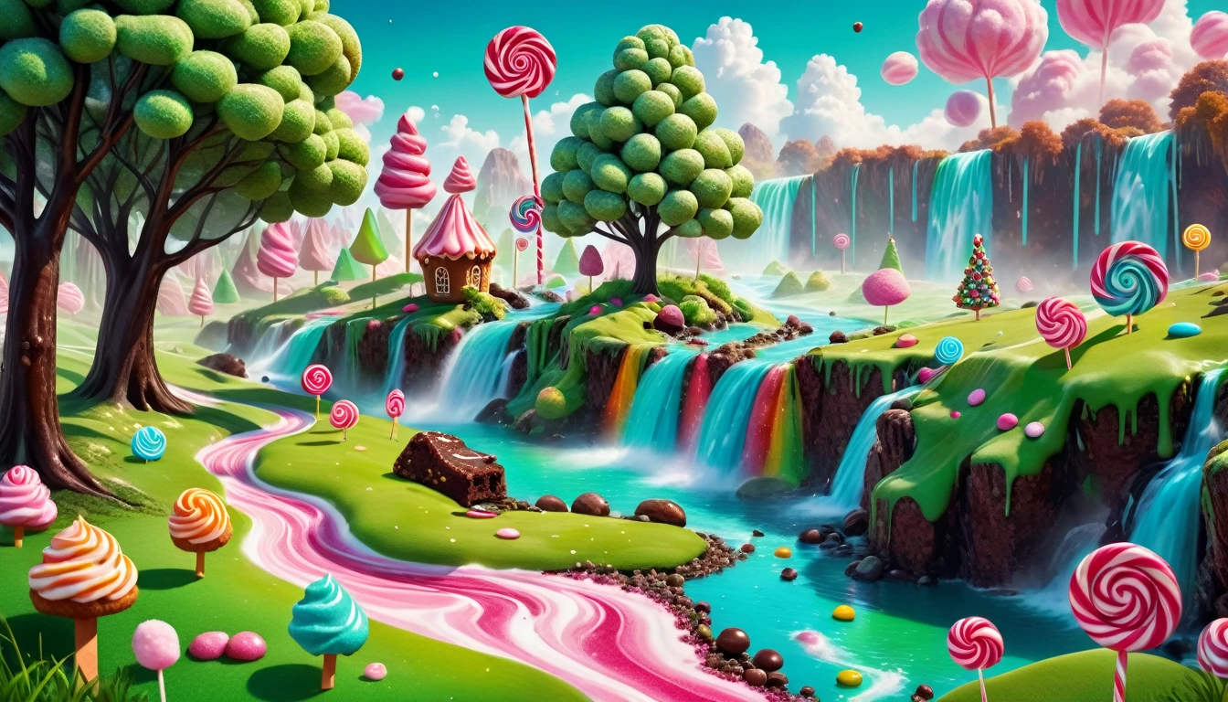 beautiful abstract view, candy land, landscape, beautiful fantasy land where trees are lollipops, grass made of green sugar sprinkles, rocks are gingerbread cake, and the river and waterfall are liquid chocolate, clouds are cotton candy, and there are candies lying all around