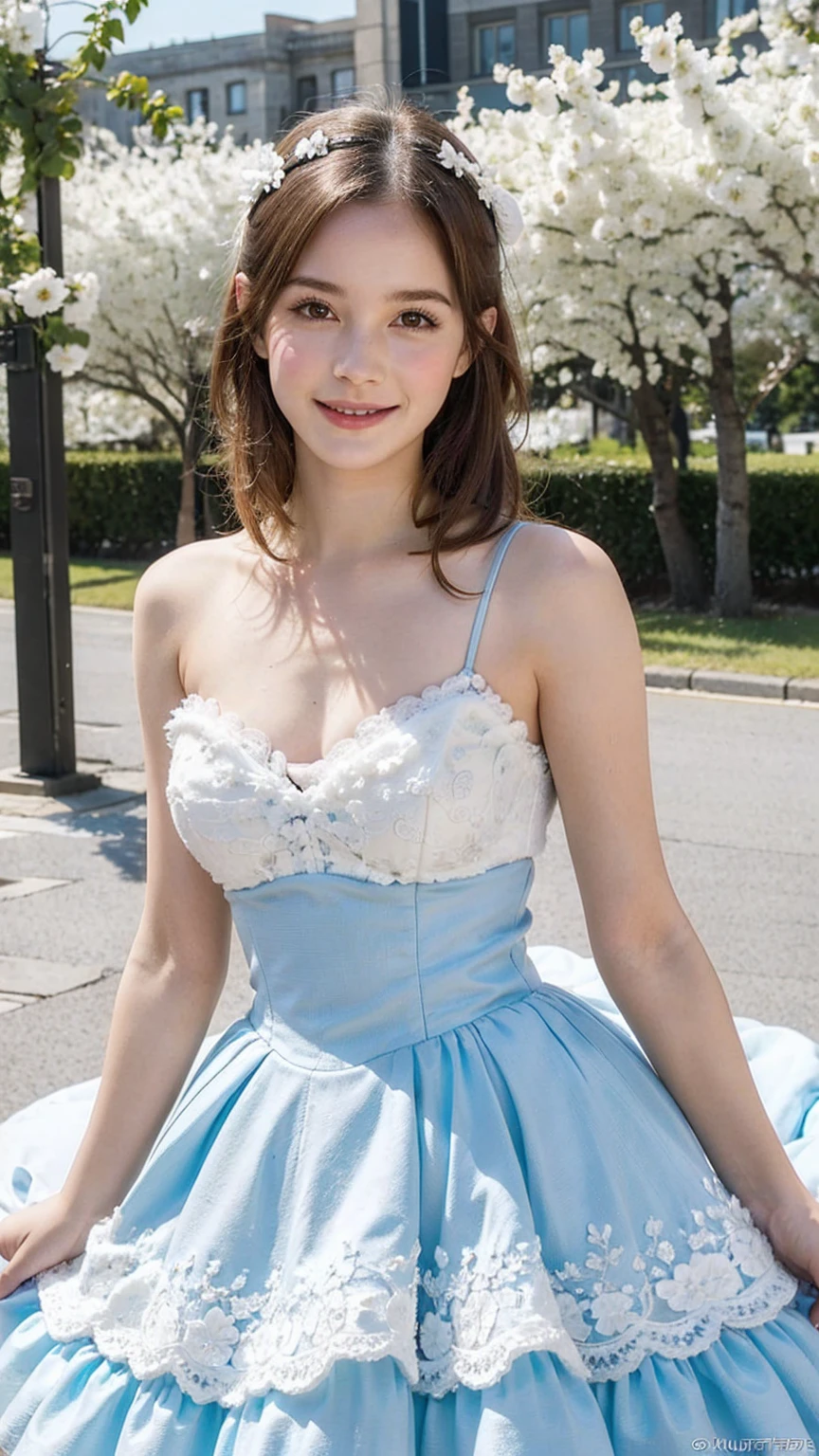 Masterpiece, Best quality, 8k, 18 ans, Photo brute, absurdes, Award-winning portrait, sourire, sourire, pure, french, elegant light blue dress, spring, , orchard in bloom, laces, famous singer, bare breasts