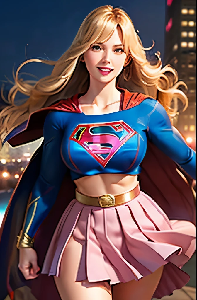 Supergirl, 27 years old, full body shot, Beautiful woman very long curly blonde hair with bangs, blonde hair, blonde hair, defined body, (large_breasts:1.3), Red lipstick, smiling slightly, hands free, Parading, (( cropped blue top, cropped blue top, cropped blue top, long sleeve, pink trim, gold belt, pink flowing cape, pleated pink skirt of supergirl)), flying over city night, (curvy:1.1)