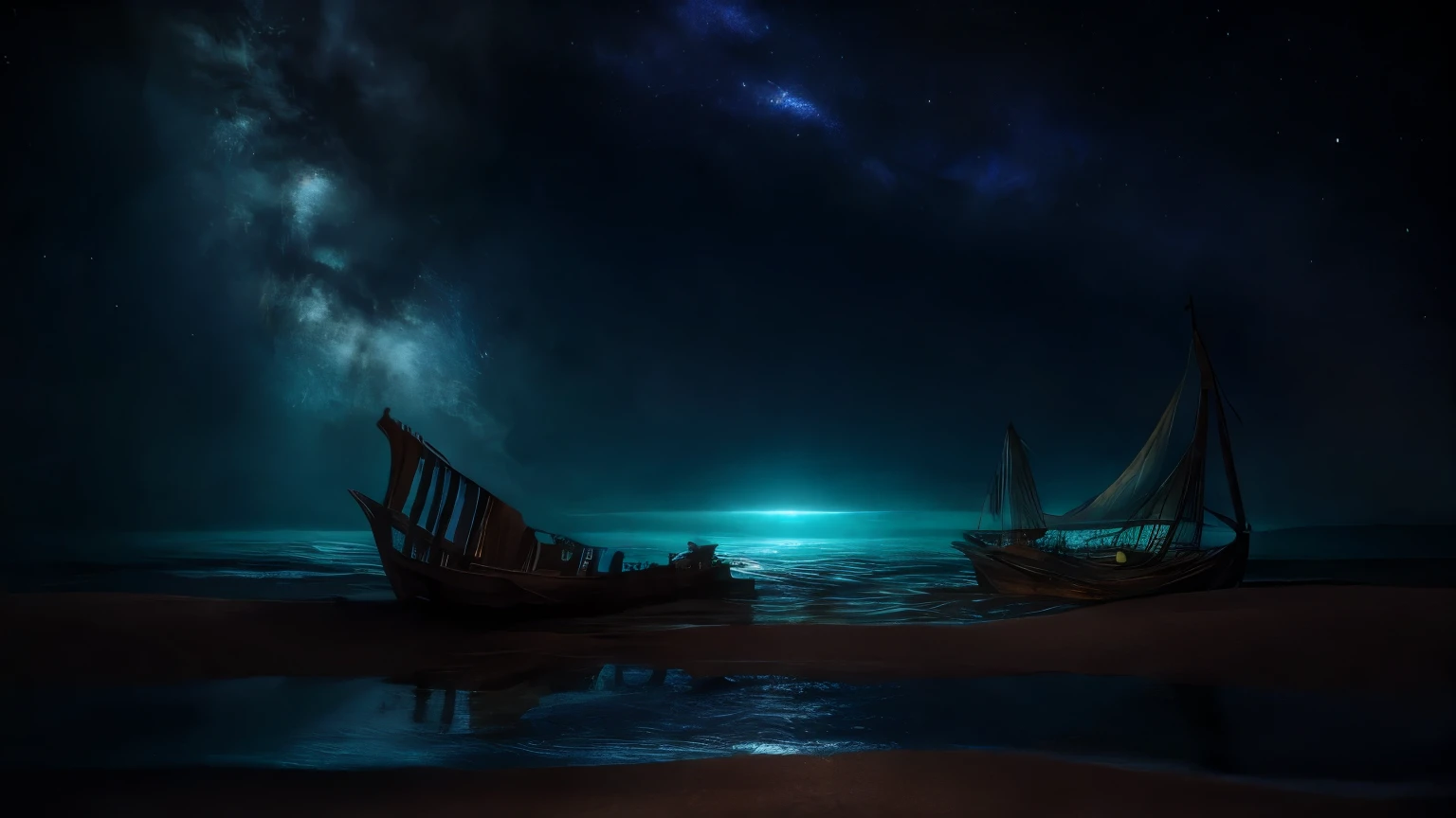 shipwreck in the sand in a photograph that captures the intriguing play of colors, texturas, and cinematic reflections. Procure uma cena hipnotizante onde os dois vastos tons das profundezas de azuis se fundem perfeitamente, misturando matizes e elementos em perfeita conformidade. Inspire the viewer with your art as you freeze this ephemeral symphony of the shipwreck's rusted iron with the remains of the ocean floor, leaving them longing to submerge in this peaceful stillness. Let your lens become a window into this celestial dance - where shipwrecks on the bottom of the sea choreograph a visual masterpiece, waiting to be immortalized in a single click and Embrace the captivating harmony 