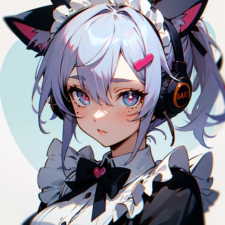 rainbow hair, ponytail, hairclip, Hair ribbon, bow, maid headdress, Goggles, mole under the eye, heart-shaped pupils, cat ear headphones, bored