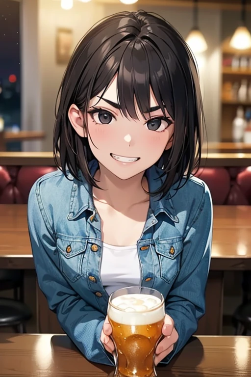 Masterpiece, High resolution, High-definition CG Unity 8K,Beautiful and detailed face, detailed hair texture, beautiful face,1 girl,(black eyes),small breasts, (very short messy brown hair), (at night),break,(evil grin),troubled eyebrows,(at the pub table), (having alcohol),(POV),(Denim Jacket),black shorts