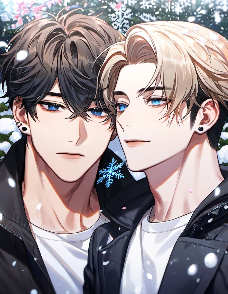 absurdres, highres, ultra detailed, HDR, master piece, best quality, Kang Woojin, black messy hair, expressive dark blue eyes, ear piercings, Lim Haegyung, ash-blond messy short hair, expressive blue eyes, Love Jinx, 2men together, gay couple, handsome, black coat, white shirt, petals, garden, snow, snowflakes, snowing