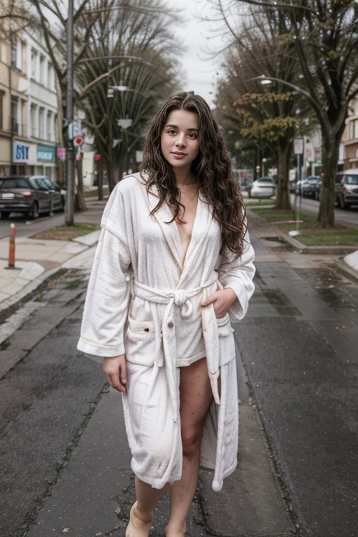 full body photograph of a brunette woman with wavy hair, 21 years old, realistic photo, in street, (bathrobe)
