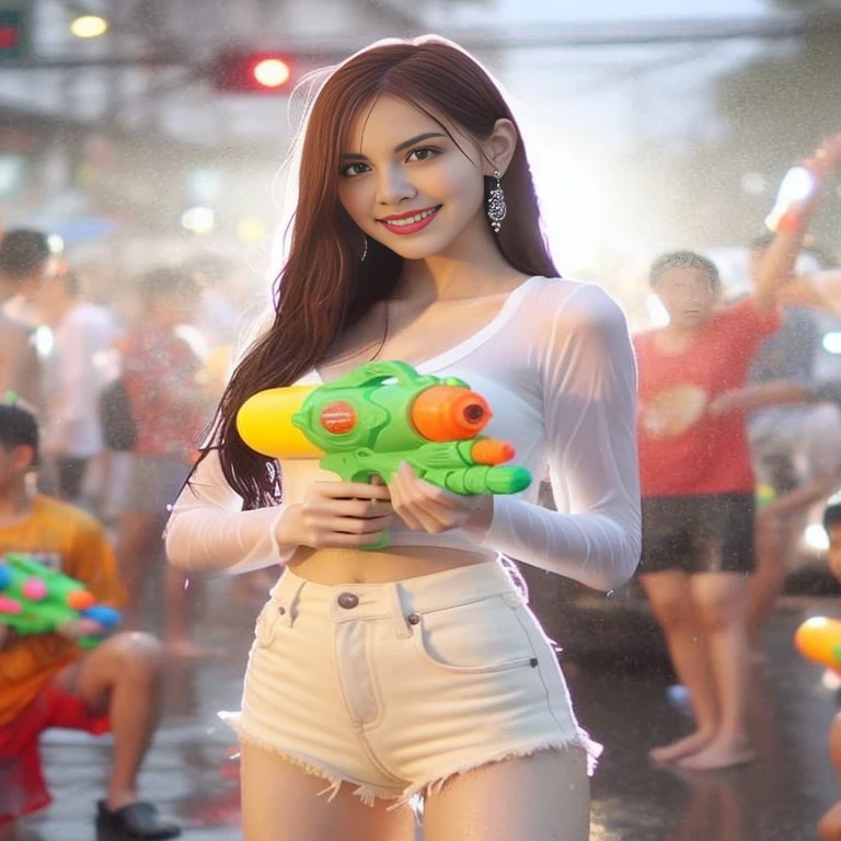 Girl Araffe wears a white shirt and holds a green-orange water gun., sexy girl, Thai girl anime, beautiful female model, beautiful female model, cute woman, beautiful Asian girl, gorgeous woman, attractive woman, Asian girl, gorgeous woman, young and cute girl, Instagram model, amazing woman, beautiful woman, Cute girl wearing a tank dress, Photo of a thin young model