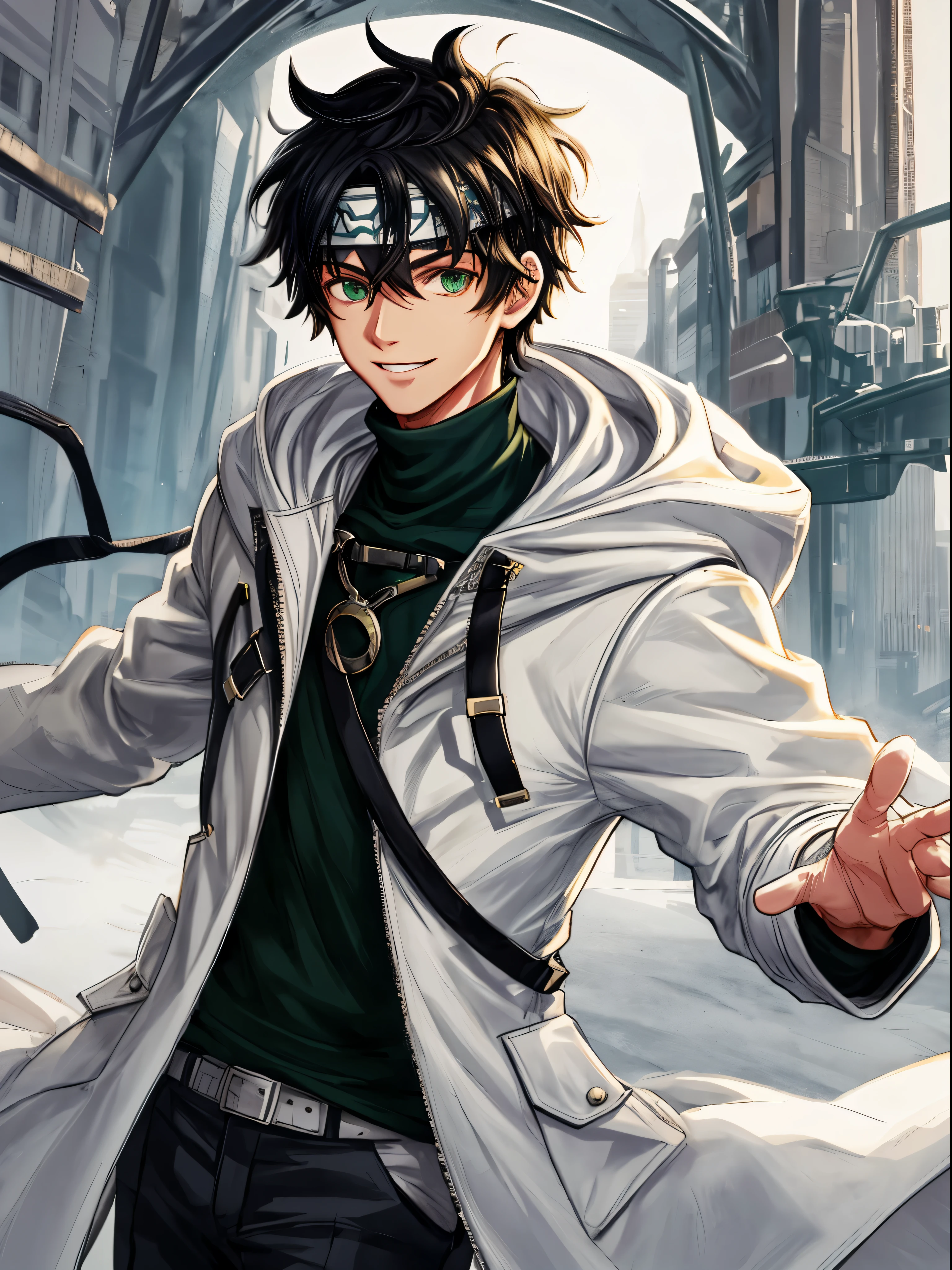 ultra detailed, masterpiece, best quality, solo, smile, 1boy, green eyes, short hair, black hair, bangs, hair between eyes, messy hair, goggles on head, headband, white coat, hooded coat, hood down, open coat, turtleneck, capri pants, pants, black knee boots,