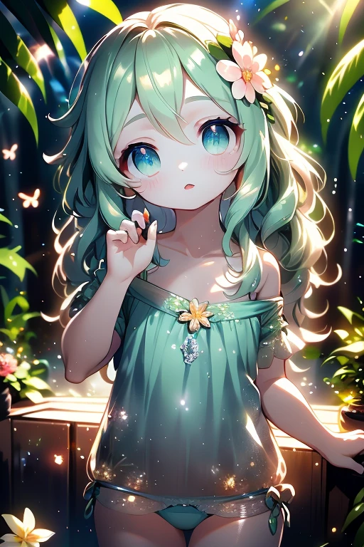 peluda,Orelhas de coelho, Green Underwear,na floresta, mar de flores, cowboy shot,sorrir, ornamento de cabelo, Olhando para o Viewer, One hand up, head tilt, coelhinha sexy sensual seios grades e coxas grossas