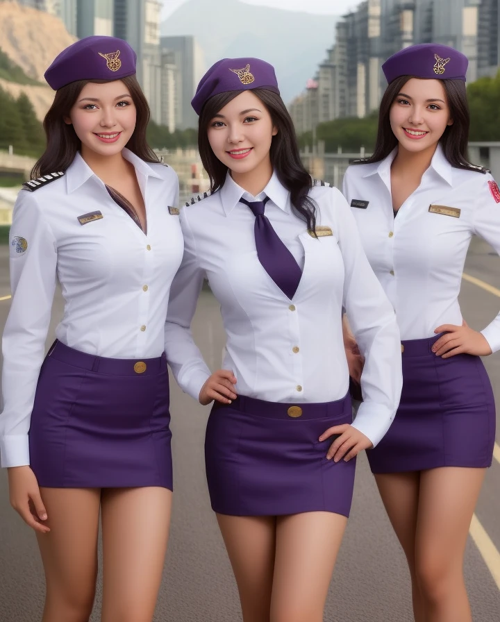 Beautiful 2girls Flight attendant wearing short skirt,White face.long Smiling black hair standing at the.Mountains and waterfalls