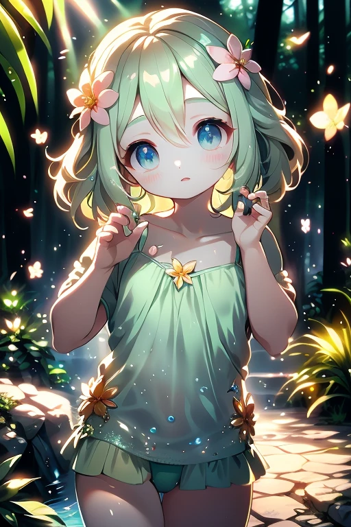 peluda,Orelhas de coelho, Green Underwear,na floresta, mar de flores, cowboy shot,sorrir, ornamento de cabelo, Olhando para o Viewer, One hand up, head tilt, coelhinha sexy sensual seios grades e coxas grossas