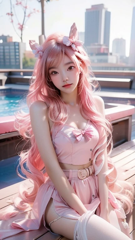 photography,real person,Ultra-detailed,high contrast,1 girl,individual,Asian,a beautiful model girl, sweet smile,Light makeup,modest chest,Sitting on a bench,cowboy shoot,curls,light pink hair,bowknot,pantyhose,red clothes,Poolside,Sunset,city