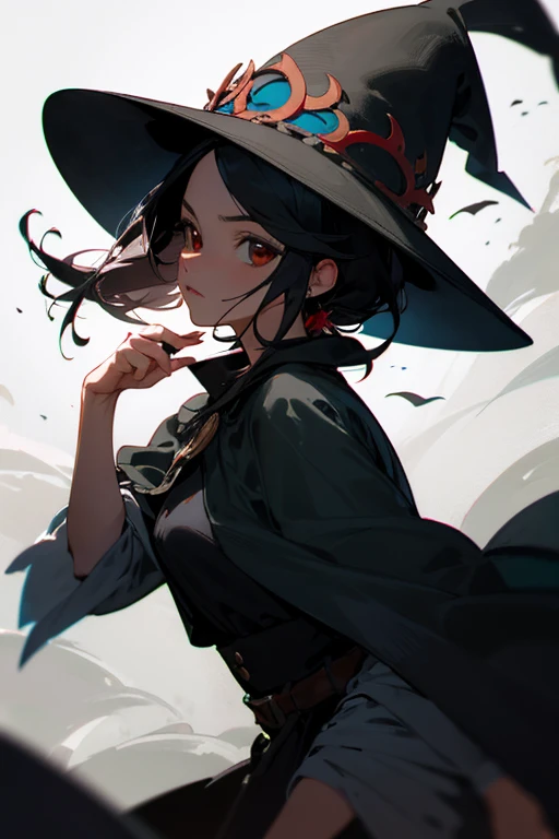 Mujer, maga, cabello negro, sombrero de bruja 