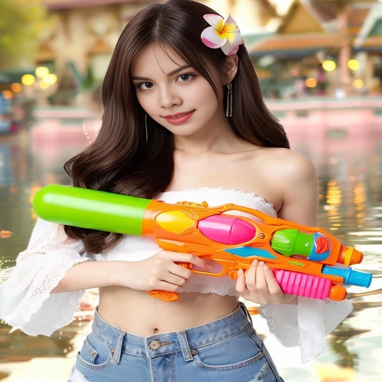 Close-up of woman holding water gun near water source, Toy advertising images, ปืนอัดลมcolorสันสดใส, Extremely high quality model, Next to it was a toy ray gun., With a pistol., mega, photography, Waist - shock, Nerf or nothing?, sexy girl, Photo Pose, color, amazing, water mist, Biopunk toys made in China, with a rifle