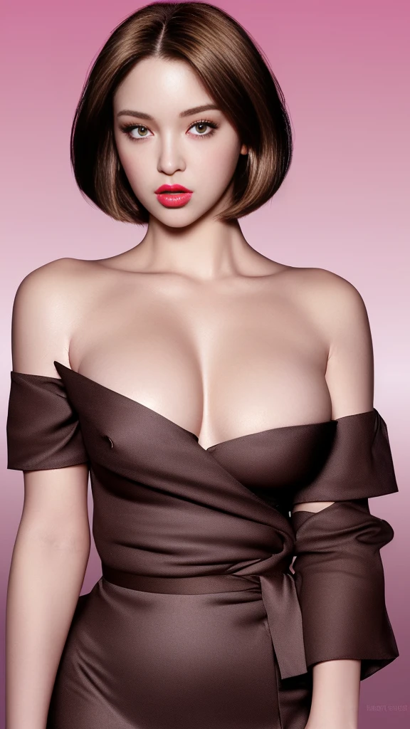 a woman, highly detailed, realistic, , upper body, makeup, lipstick, gradient background, (dark brown eyes), blonde hair, mouth open, straight hair, dark eyes, oversized man's shirt with unbotton off shoulder showing  , waist up pose , various shot angle  ,
inside a exclusive modern night club, waist up pose , short bob cut hair