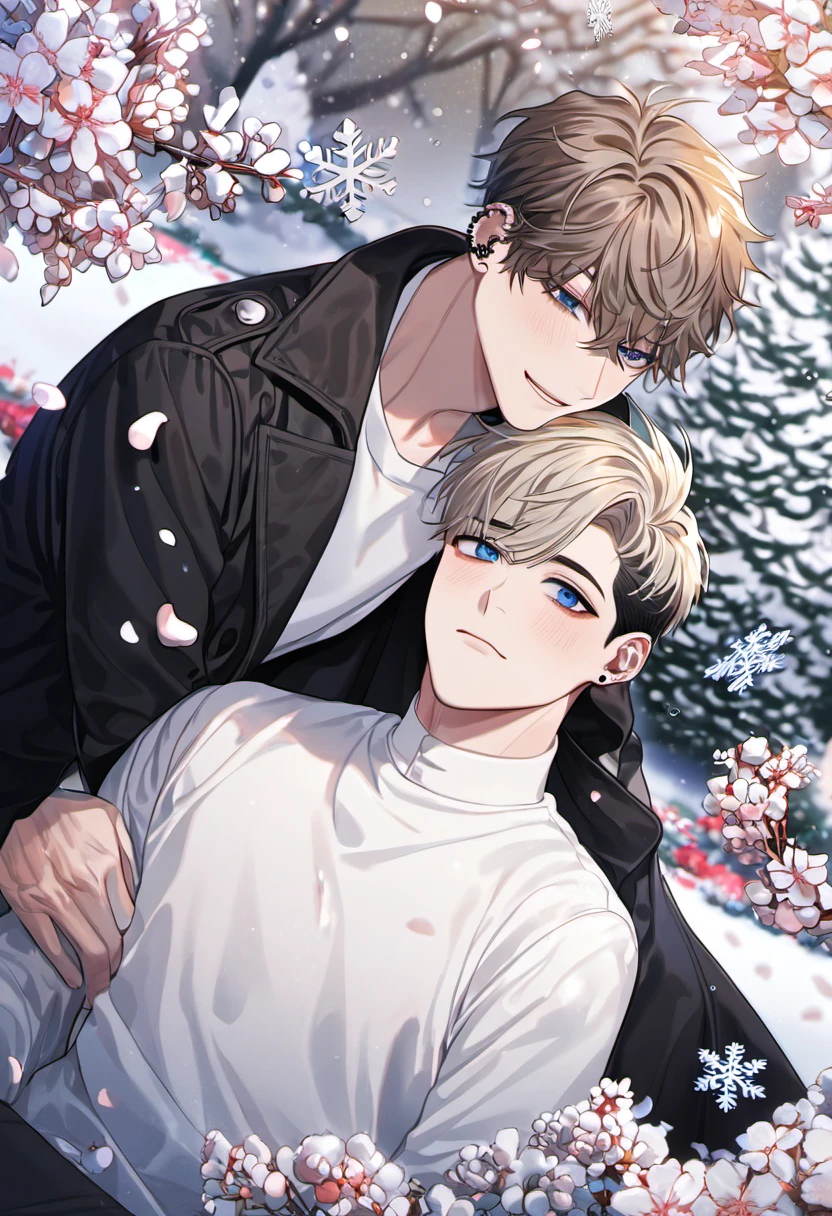 absurdres, highres, ultra detailed, HDR, master piece, best quality, Kang Woojin, black messy hair, expressive dark blue eyes, ear piercings, Lim Haegyung, ash-blond messy short hair, expressive blue eyes, Love Jinx, 2men together, gay couple, handsome, black coat, white shirt, petals, garden, snow, snowflakes, snowing