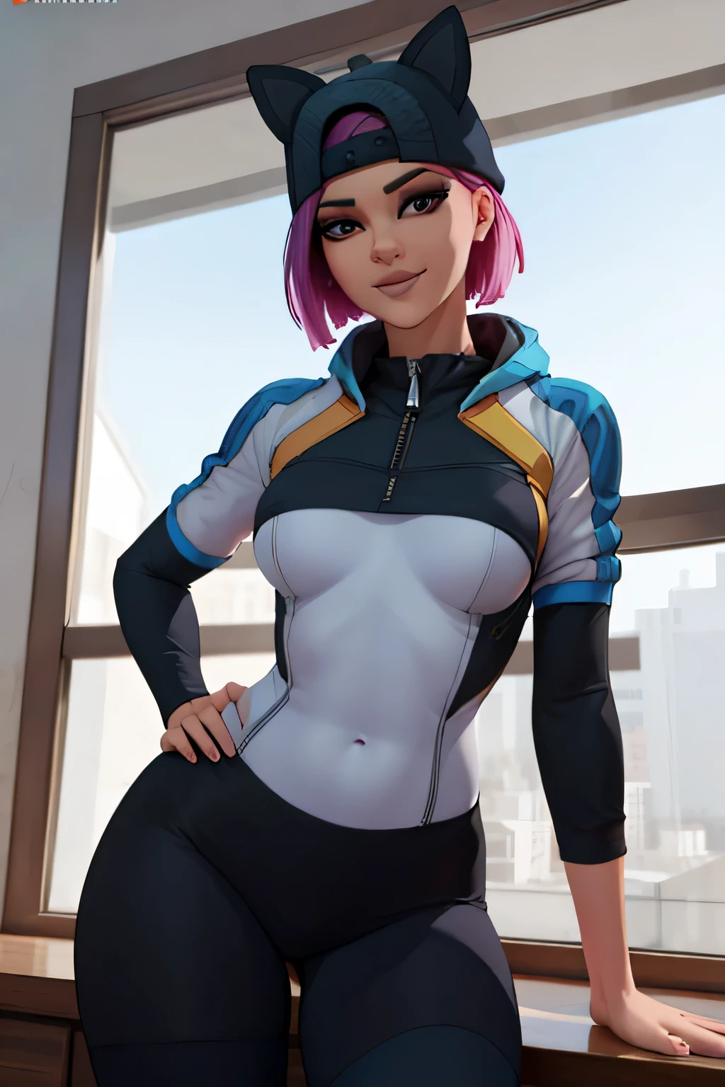 1 chica, (obra maestra), (Mejor calidad), de pie, (solo), mirando al espectador, alto detallado,Extremadamente detallado, Ojos finos, sonrisa,dynamic pose, pelo corto rosa,gorra,top corto, chaqueta,guante sin dedos,con curvas,bosque,anteojos,(leggins negro),(retrato:1.2),