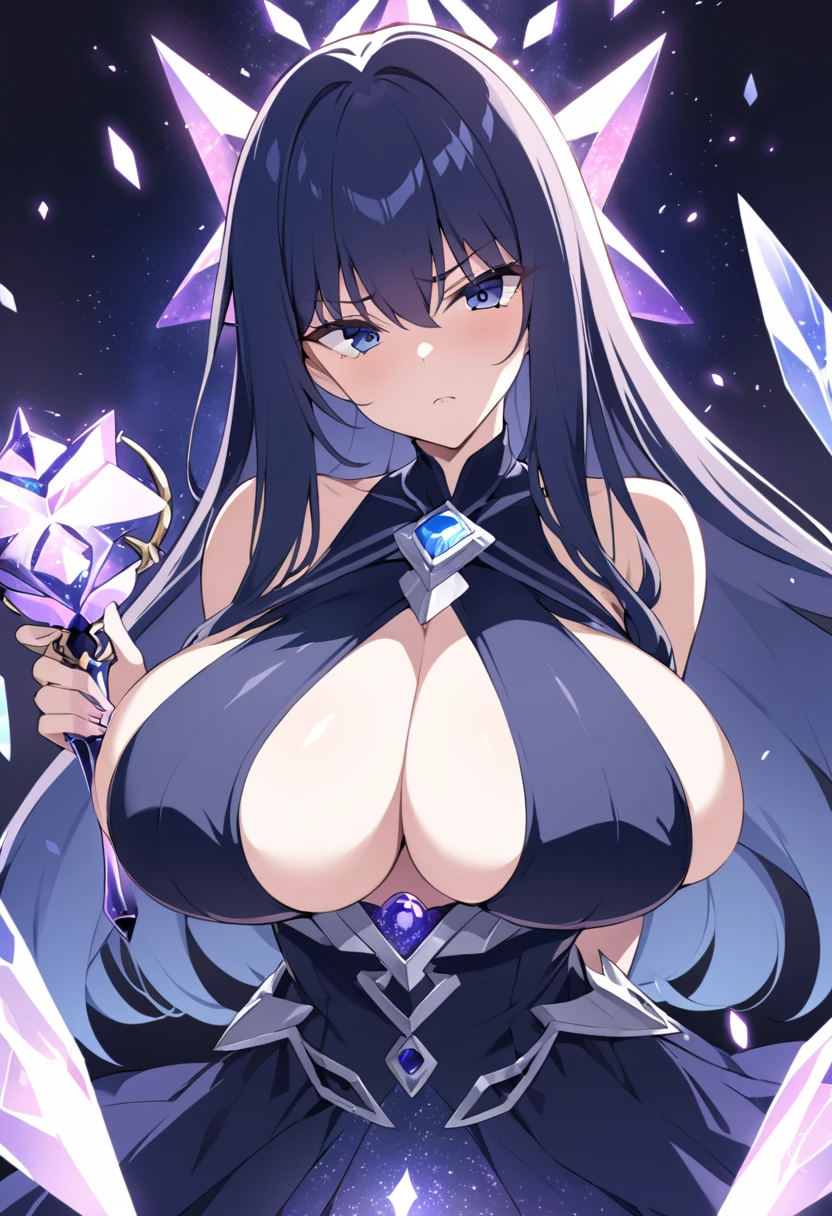 Galina, 20 years old, long hair, dark blue, dark blue eyes, huge breasts, wearing her sexy and open dark blue dress with galaxy sparkles, being in the crystal temple with her galaxy scepter, having a serious face with the galaxy light..hentai