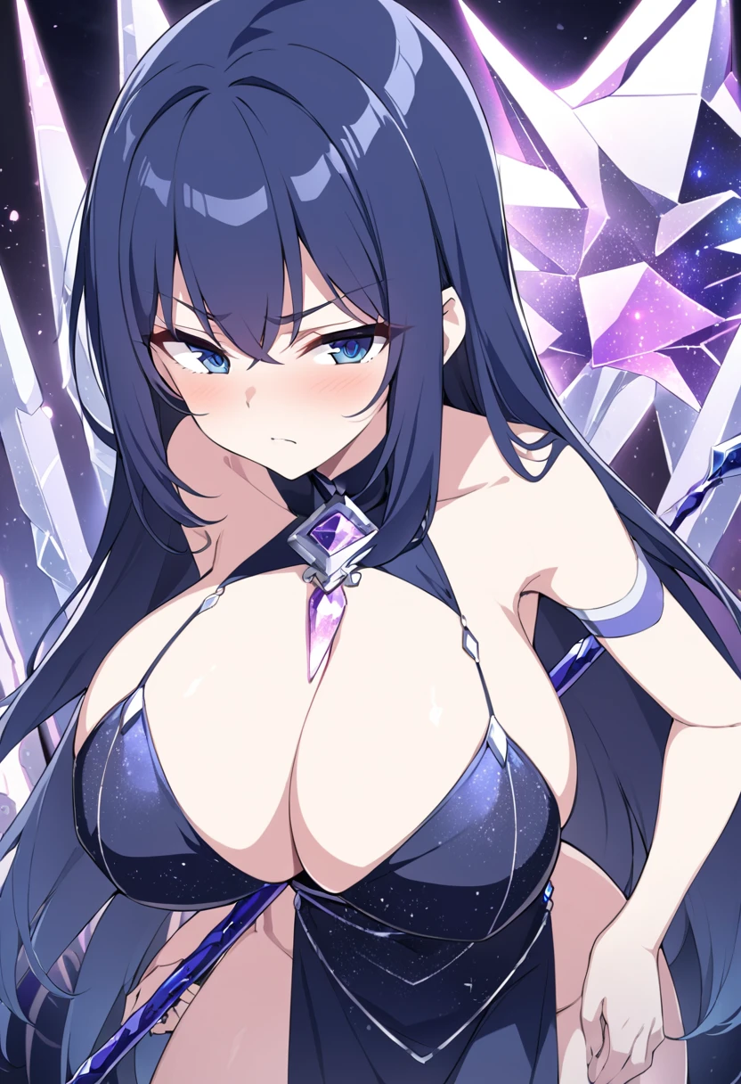 Galina, 20 years old, long hair, dark blue, dark blue eyes, huge breasts, wearing her sexy and open dark blue dress with galaxy sparkles, being in the crystal temple with her galaxy scepter, having a serious face with the galaxy light..hentai