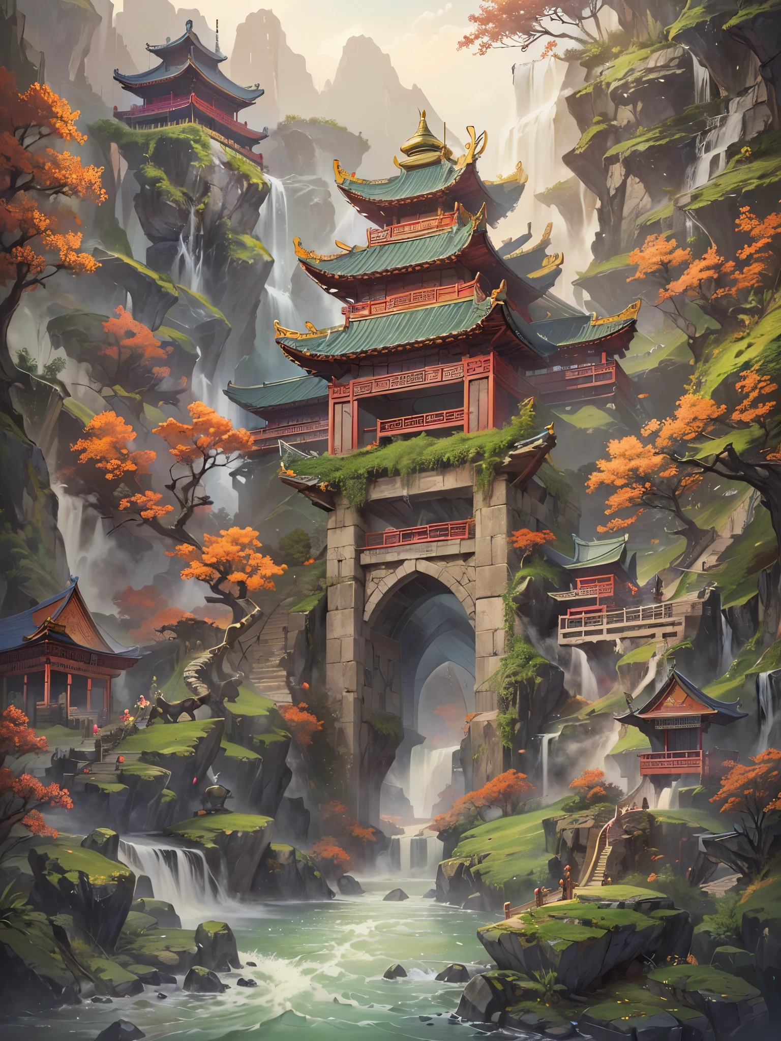 ((highest quality)),(ultra high resolution),(Super detailed),(detailed description),((The best CG)),(best work of art),super precision art,amazing drawing art,(Chinese fantasy art with intricate details:1.5), (Entrance to the Gate:1.8),Carp waterfall climbing:1.3