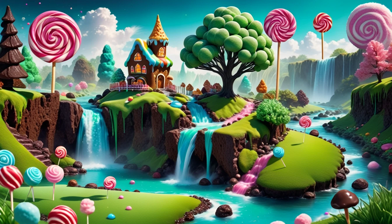 beautiful abstract view, candy land, landscape, beautiful fantasy land where trees are lollipops, grass made of green sugar sprinkles, rocks are gingerbread cake, and the river and waterfall are liquid dark chocolate, clouds are cotton candy, and there are candies lying all around