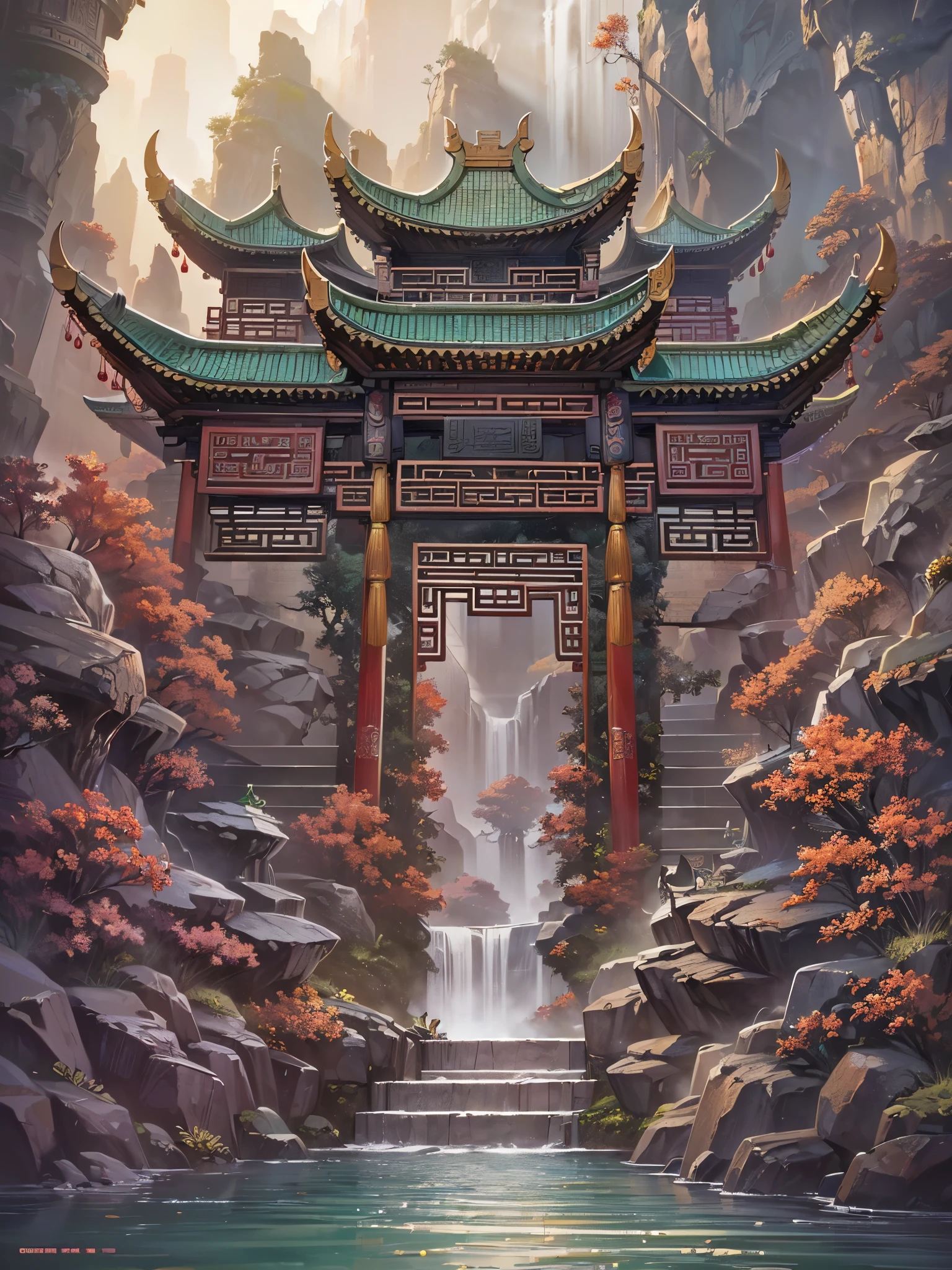 ((highest quality)),(ultra high resolution),(Super detailed),(detailed description),((The best CG)),(best work of art),super precision art,amazing drawing art,(Chinese fantasy art with intricate details:1.5), (Entrance to the Gate:1.8),Carp waterfall climbing:1.3