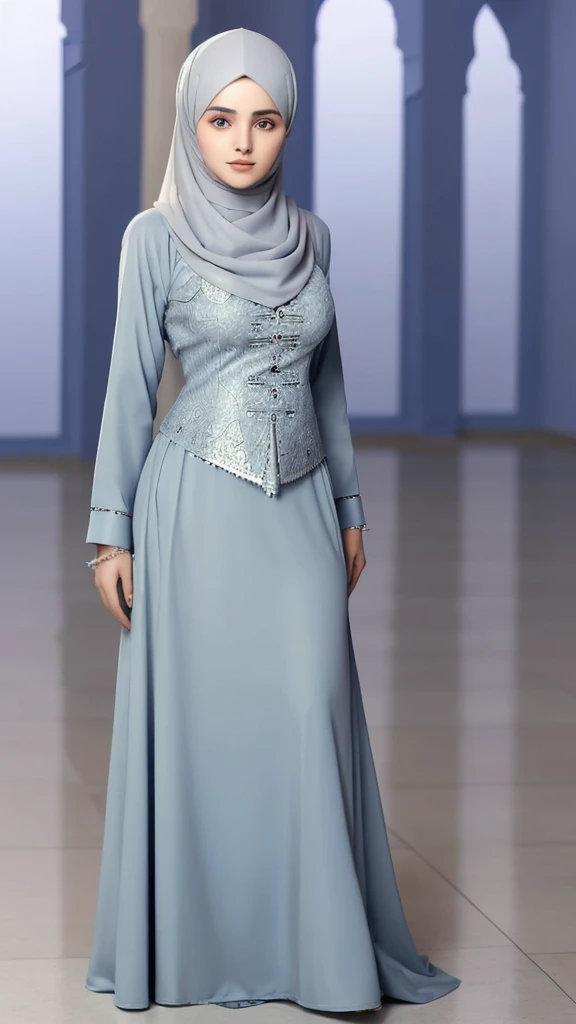 3dmm style, ((Masterpiece, best quality, photography, detailed skin, realistic, photo-realistic, 3D Character Design, pixar, real cartoon, High detail RAW colour art, diffused soft lighting, shallow depth of field, sharp focus, hyperrealism, cinematic lighting, ((close up)) hijab, a turkish lady, beautifully makeup, brown beautiful big eyes, long eye lashes, wearing ((Gray satin hijab)), loosely tide hijab style, ((blue satin shirt)), ((satin long maxi skirt))