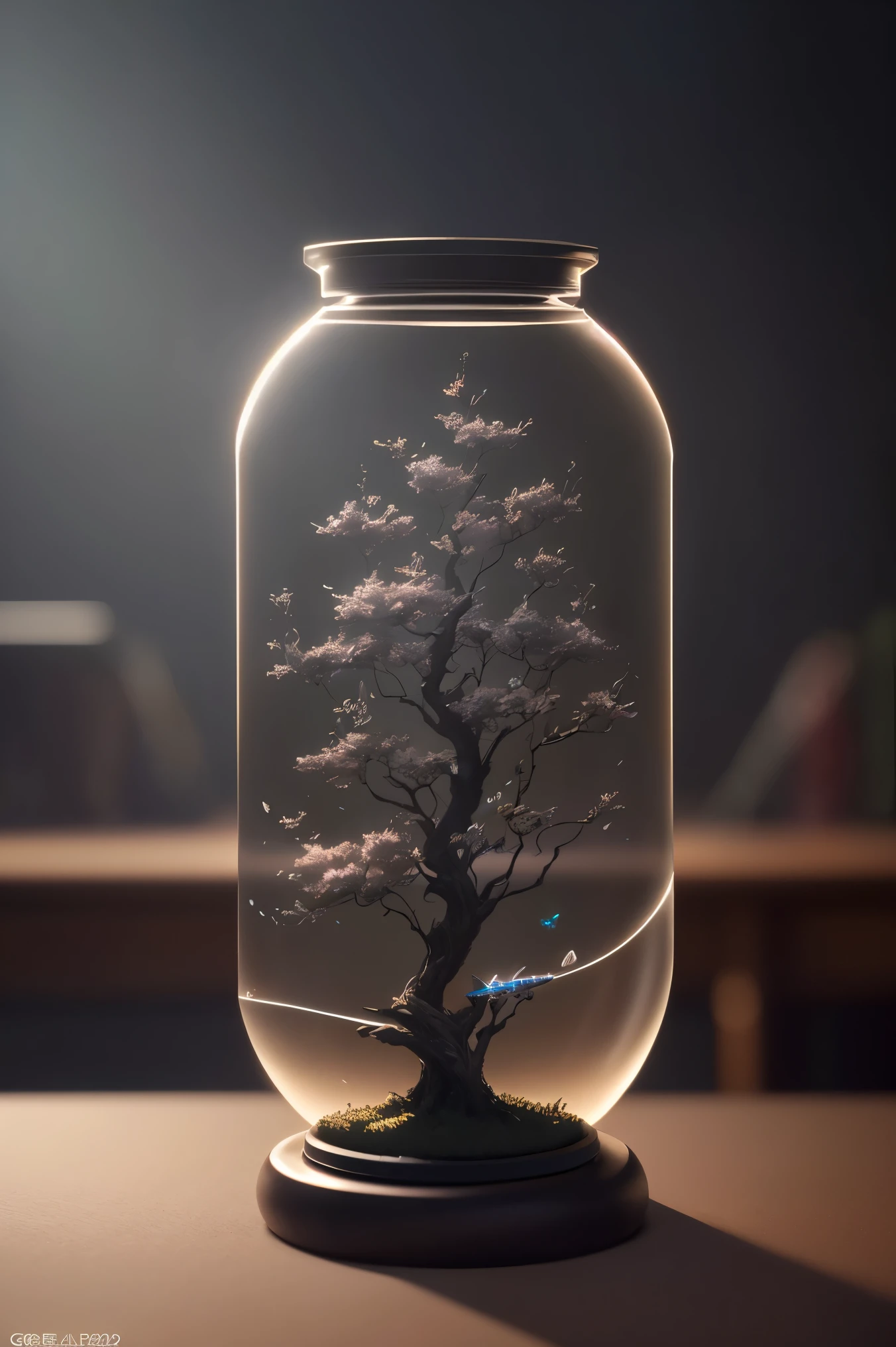 dreamlikeart tree in a bottle, fluffy, realistic, photo, canon, dreamlike, art, colorfull leaves and branches with flowers on top of its head. hyperdetailed photorealism by greg rutkowski - h 1024 w 804 | f 1 6 lens mark 2:2 s 3555 mm film grain :1 lifelike high res sharp focus contrast!! intricate detailed atmospheric light refraction lighting unreal engine 5 cinematic concept photography masterpiece octane render trending at cgsociety rendered as, on desk,