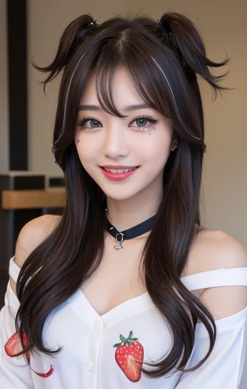 (Top Quality, 4k, Masterpiece: 1.3), realistic korean Woman, 1 realistic Girl, Sexy: 1.1,  multicolored hair (red and black streaked hair), Two-Tier Inverted medium short hair, (Wavy hair:1.3), Long sideburns,low twintails, Glossy, flashy gyaru-inspired front-tie Shirt, off shoulder college jacket, Ultra Detailed Face, Detailed Lips, Detailed Eyes, strawberry lips, rosy checks, smoky eyeshadow, winged eyeliner, joyful smile with showing teeth, fashionable numerous piercings, chocker, nailpolish, fingerless gloves