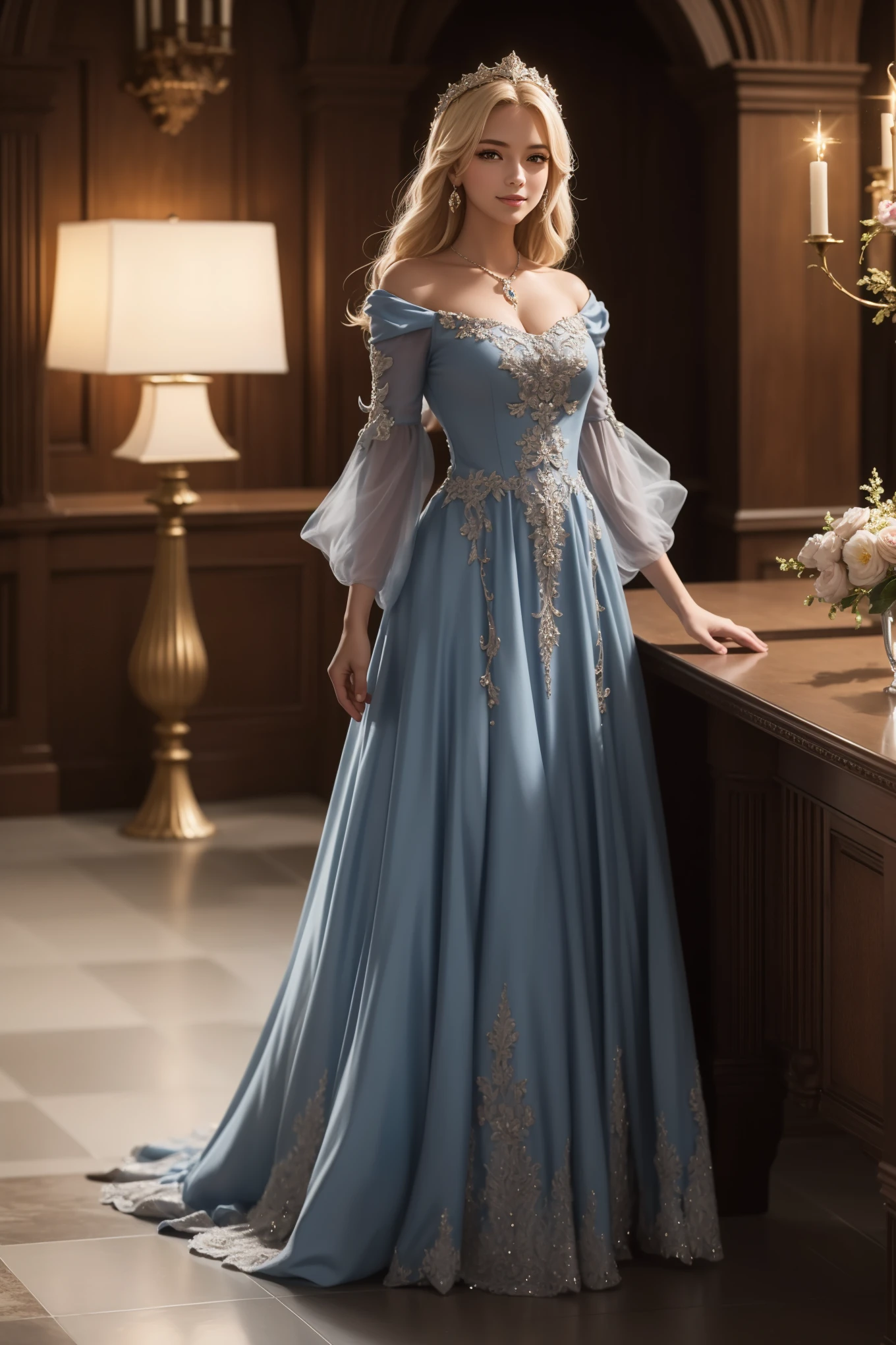 ((top quality、masterpiece、Photorealistic:1.4、in 8K))、Beautiful women、18 year old、beautiful expression、blonde、extremely detailed eyes and face、beautiful detailed eyes、Formal gloves、(Gorgeous dark blue luxury dress in medieval European style.、Headdress in the style of medieval Europe.)、Red dress、Luxury Accessories、(A woman walks along the corridor of a European-style castle)、glass shoes、cinematic lighting、Textured leather、Super Detail、High detail、high quality、A high resolution、I look at the viewer、Elegant smile、whole body、European、