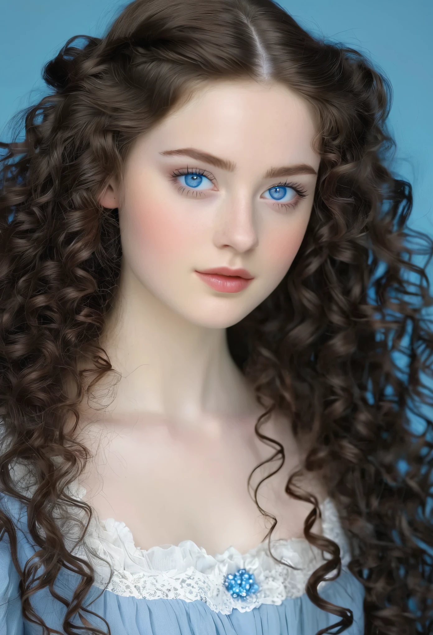Make a gril with pale skin, and long curly dark brown hair and blue eyes make her very beautiful, she is in her early 20s in the 1800s