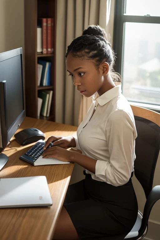 A young woman of African descent is seated in front of a desktop computer at home. She is dressed in a casual blouse, her hair is tied up in a neat bun. The computer screen, facing the camera, displays a search page filled with multiple results. Her desk is organized with notebooks and pens. A steaming cup of coffee rests beside her, and a window with a city view is open, allowing the sunlight of the afternoon to enter the room. The woman's expression is one of deep concentration and unwavering determination, as she is engrossed in her research. The room is bathed in natural light that illuminates the woman and her surroundings. The computer screen serves as the main