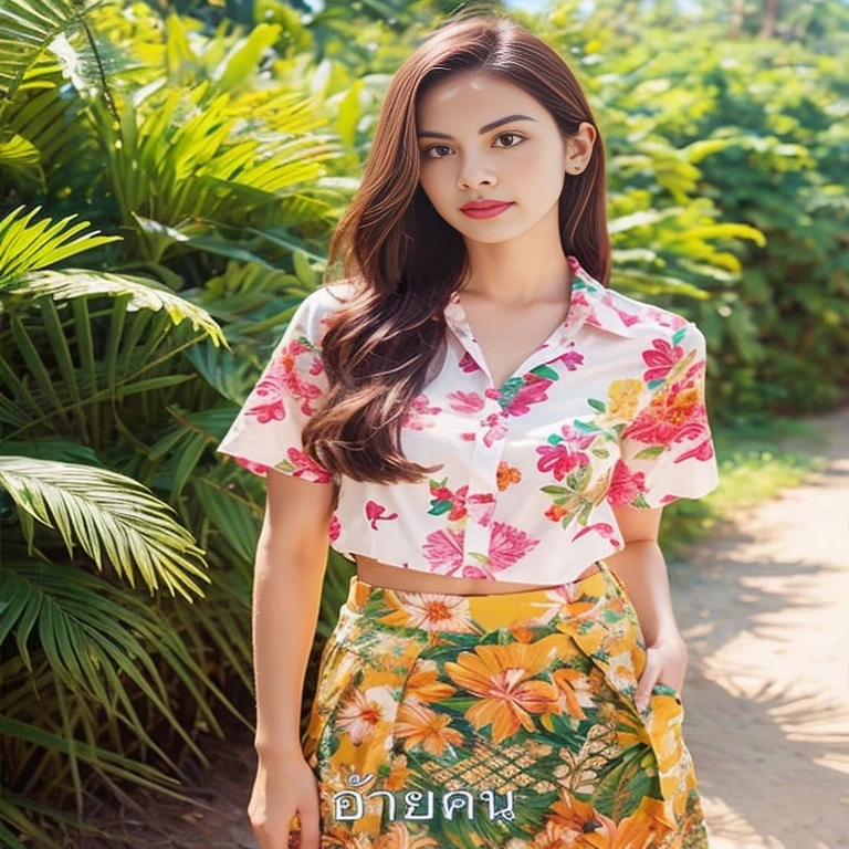 a woman in a flower shirt and skirt posing for a picture, flower clothes, Elegant tropical print, flower, with Hawaiian Shirt, Korean female fashion model, Wear a two-piece swimsuit., Hawaiian Shirt, flower, gorgeous woman, Tropical style, Thai girl anime, wearing yellow flower blouse, Tomorrow, Tran., With a new beauty, Cindy Avelino, cute woman