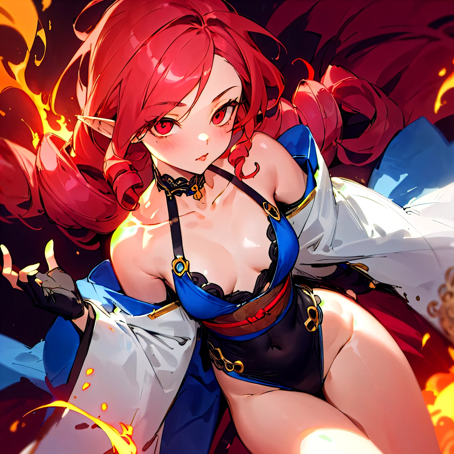 ((Sketch)), (Watercolor), 1girl, long red hair, drill hair,, red eyes, beautiful eyes, pointy ears, detailed lips, pout, choker, collarbone,  shoulders, small , wide , (black revealing clothes with blue ornate), (pelvic curtain), center opening, thigh gap, black fingerless gloves, (pink flames, pink fire background), hip dips, thick thighs,  , half body, close up, portrait, lying down, half-lidded eyes, kimono, posing