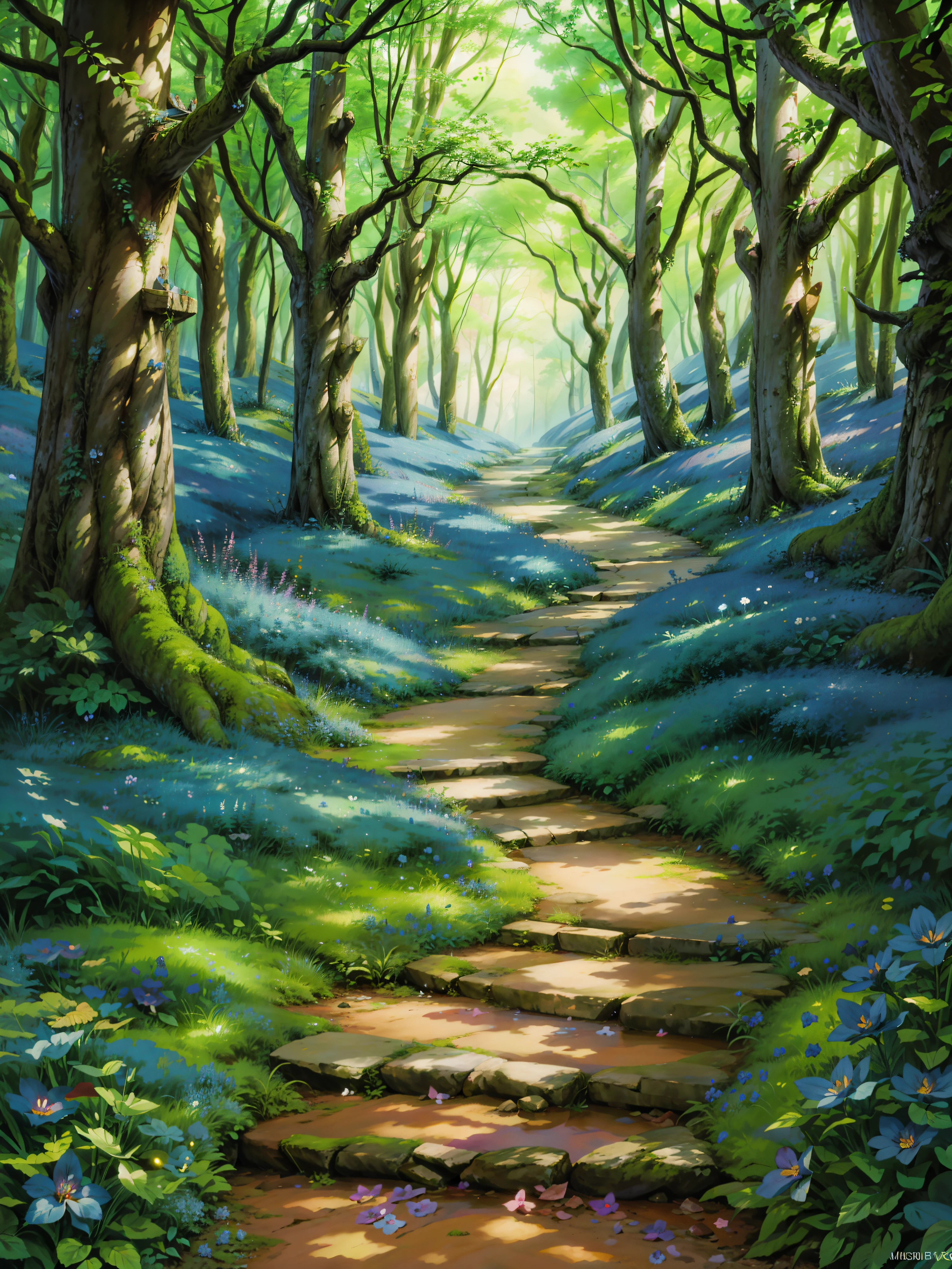 a path in the middle of a forest filled with blue flowers, a beautiful pathway in a forest, enchanted and magic forest, magical forest backround, forest with flowers blue, fairytale forest, enchanted magical fantasy forest, magical fantasy forest, an enchanted forest, blue forest, lothlorien, in a whimsical fairytale forest, enchanted forest, by Michael James Smith, 4k hd,, beautiful art uhd 4 k, a beautiful artwork illustration, beautiful digital painting, highly detailed digital painting, beautiful digital artwork, detailed painting 4 k, very detailed digital painting, rich picturesque colors, gorgeous digital painting