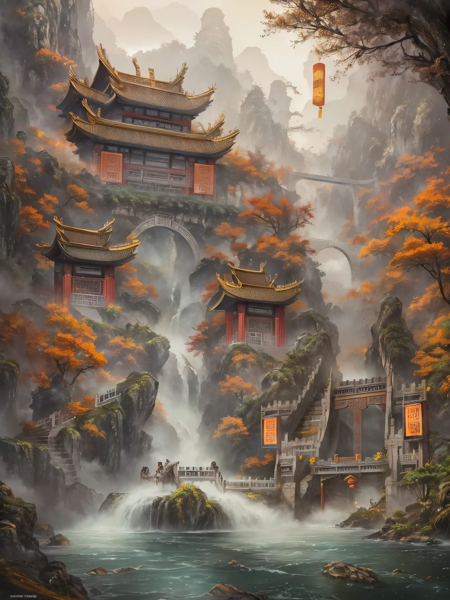 ((highest quality)),(ultra high resolution),(Super detailed),(detailed description),((The best CG)),(best work of art),super precision art,amazing drawing art,(Chinese fantasy art with intricate details:1.5), (Entrance to the Gate:1.8),Carp waterfall climbing:1.3