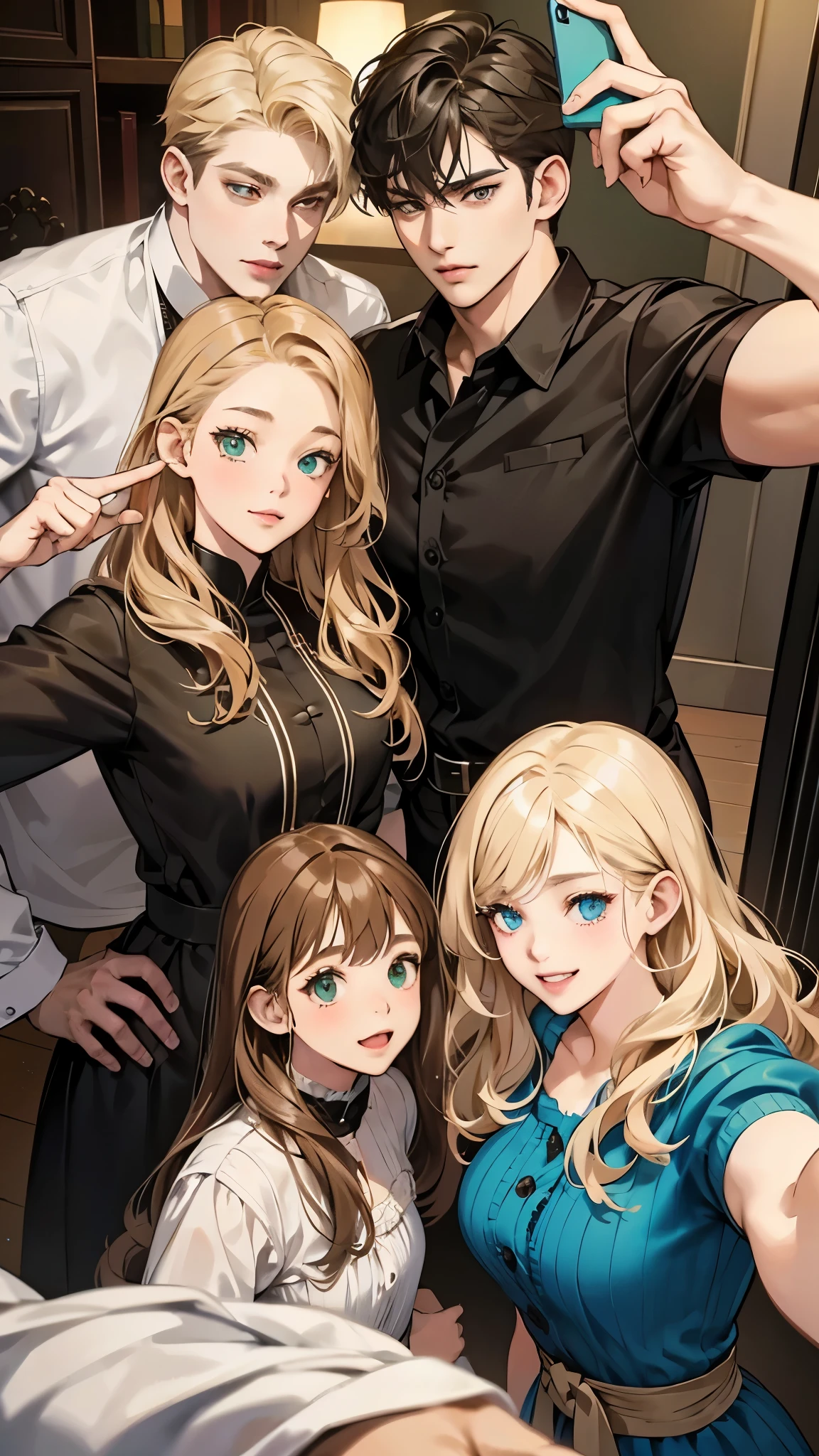 anime characters posing for a picture with a cell phone, kawacy, perfect android girl family, fine details. girls frontline, girls frontline style, from girls frontline, girls frontline cg, girls frontline universe, girls frontline, artwork in the style of guweiz, high quality fanart, visual novel cg, ig studios anime style, high quality portrait
