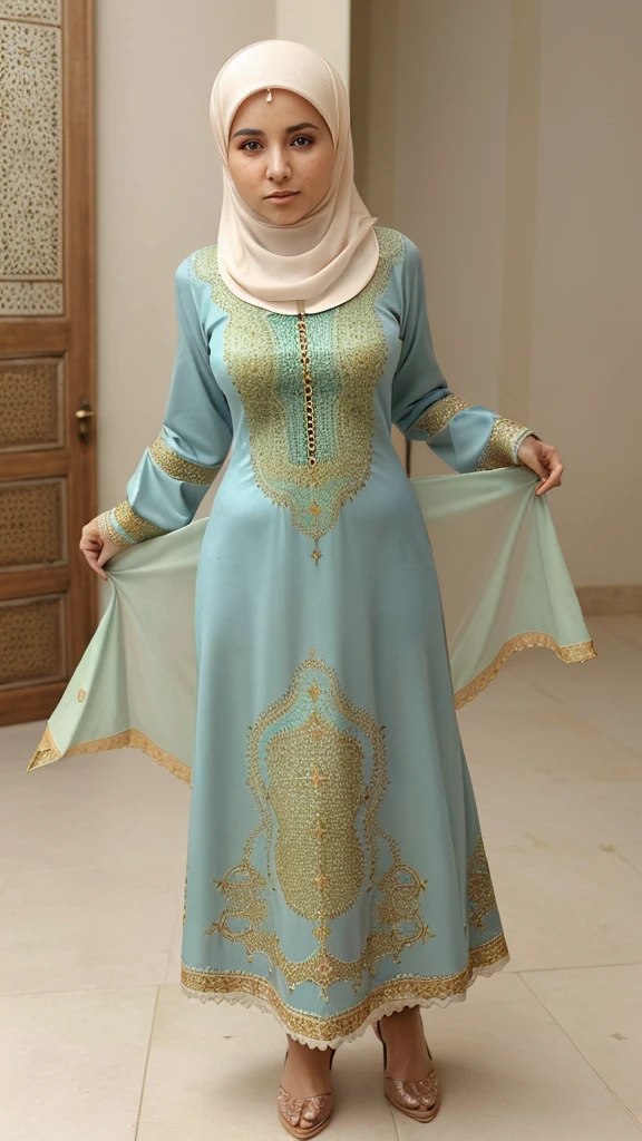 (Imagem realista) linda mulher Mussoumana, with mushuman clothes beautiful appearance((wearing islamic clothing)), imagem perfeita, imagem completa, fazendo um pose na foto 