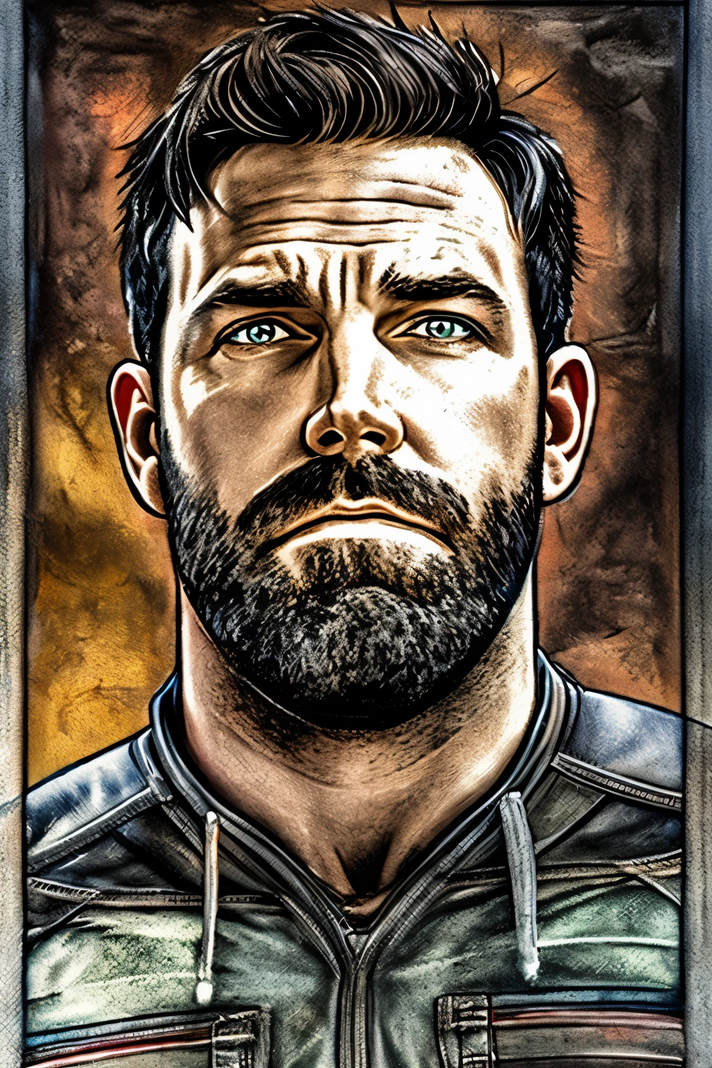 A portrait full body photograph Atractive ben Affleck heavy muscles, using only , bearded, Strong, muscular, hairy big belly bodybuilder, showing very hairy groin area, epic realistic, photo, faded, neutral colors, ((((hdr)))), muted colors, intricate scene, artstation, intricate details, vignette