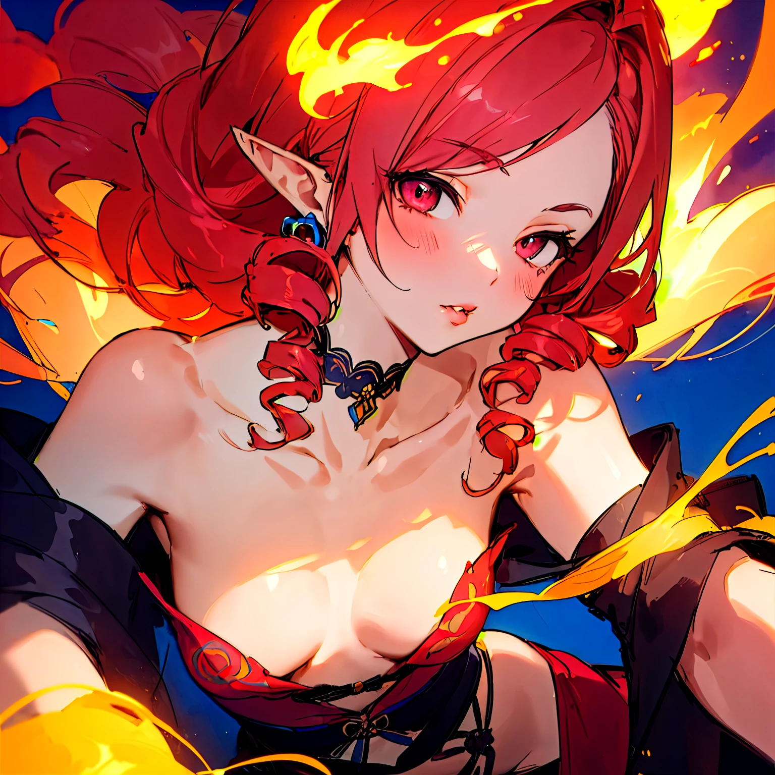 ((Sketch)), (Watercolor), 1girl, long red hair, drill hair,, red eyes, beautiful eyes, pointy ears, detailed lips, pout, choker, collarbone, bare shoulders, small breasts, wide hips, (black revealing clothes with blue ornate), (pelvic curtain), center opening, thigh gap, black fingerless gloves, (pink flames, pink fire background), hip dips, thick thighs, perky breasts, half body, close up, portrait, lying down, half-lidded eyes, kimono, posing